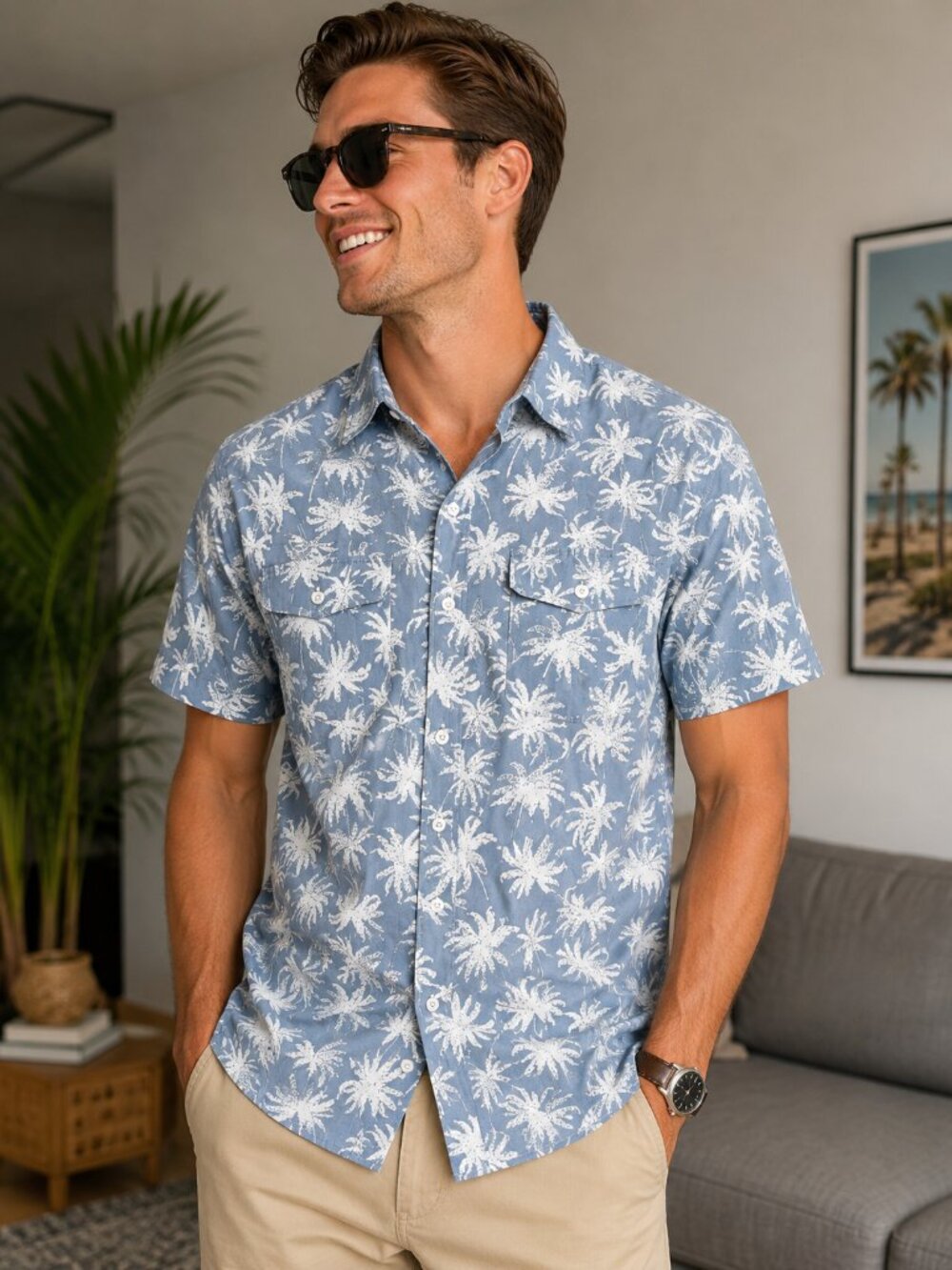 Jachs New York Tropical Palm Print Button-Up Shirt XXL Blue White Casual Summer